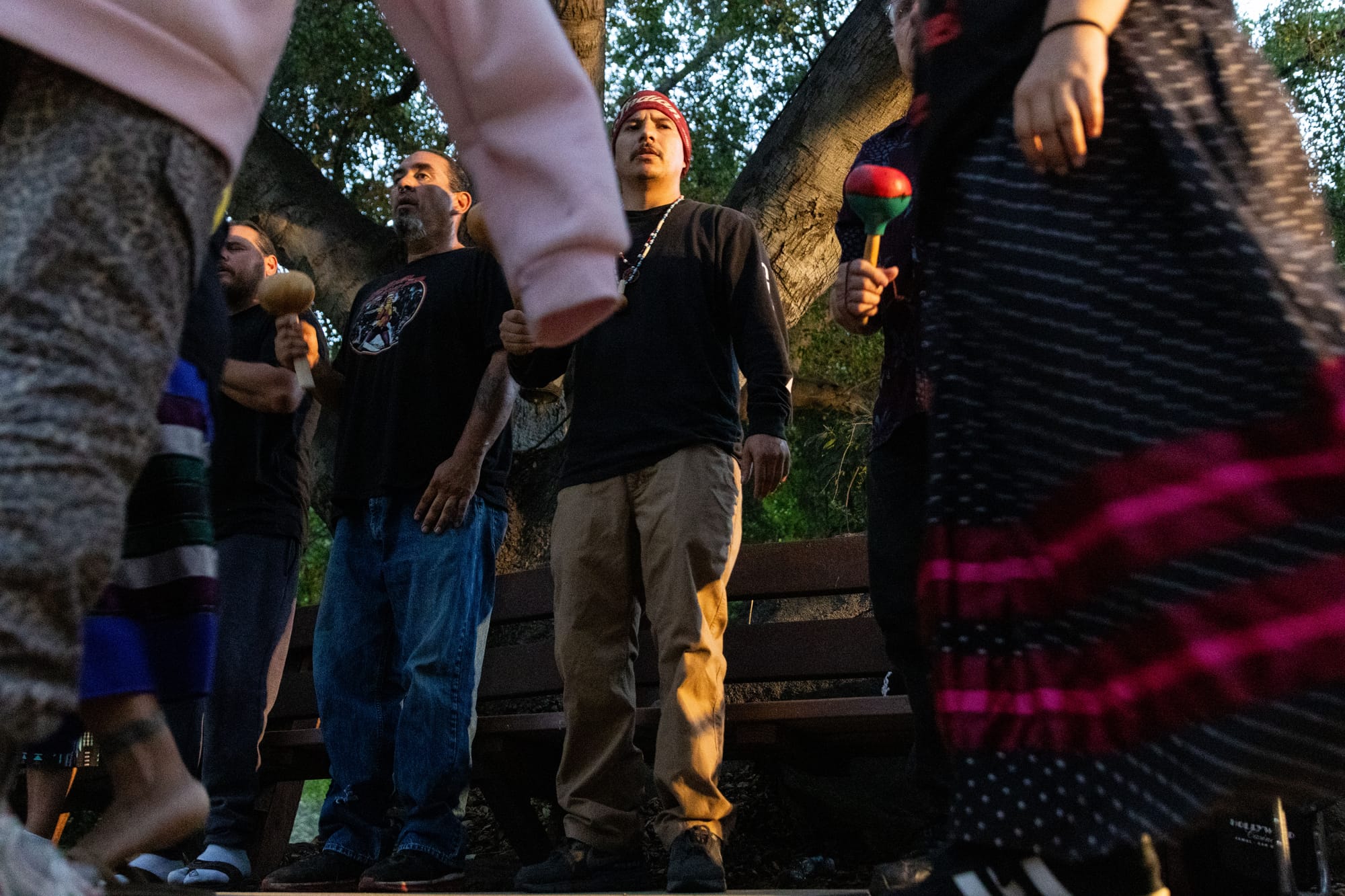 Close up of people dancing from a low angle