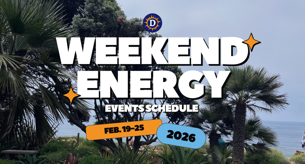 Picture of palm trees and the ocean with the words "Weekend Energy Events Schedule Feb. 19-25 2026"