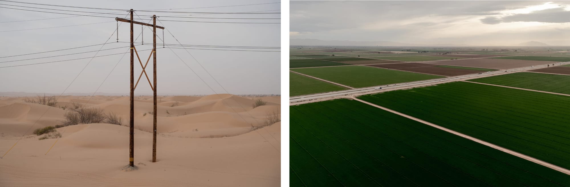 two photos, on with power lines running across a desert and the other green squares of farm land cut by roads