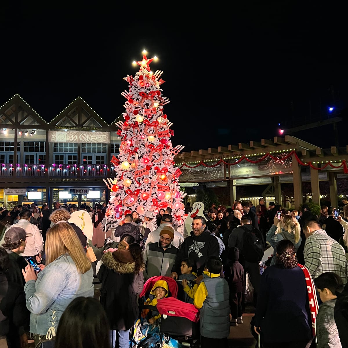 Picture of a vibrant pink, red and white Christmas tree with ornate decorations and a crowd of people standing around it outside.
