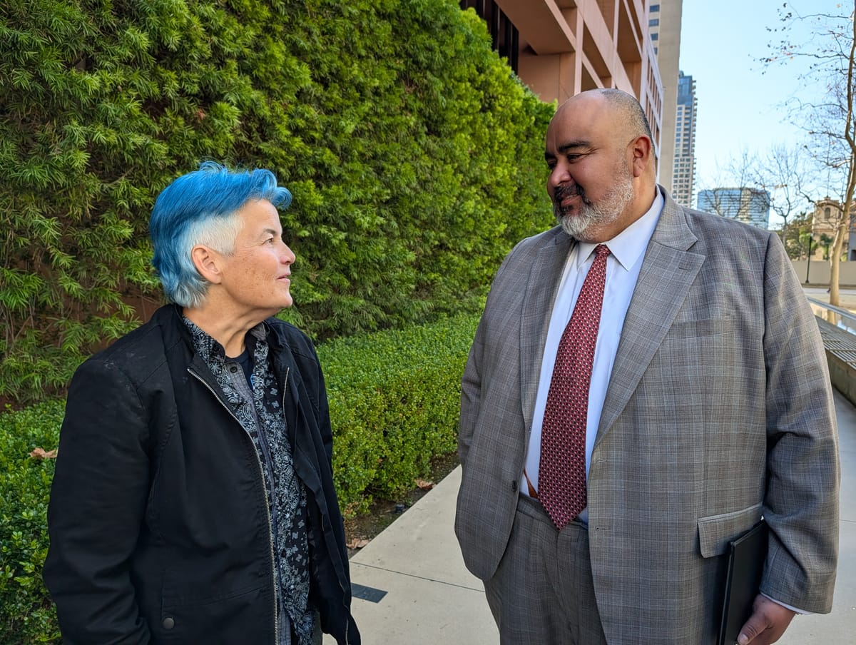 A woman with short blue hair and a man in a gray suit stand in front of a reddish-brown building.