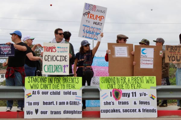 A group of people hold signs and protest. The signs read "Trump's trans genocide: Children 1st," "USA allows 'pedo' Trump to hurt trans kids," "Standing in for parents who can't due to fear.