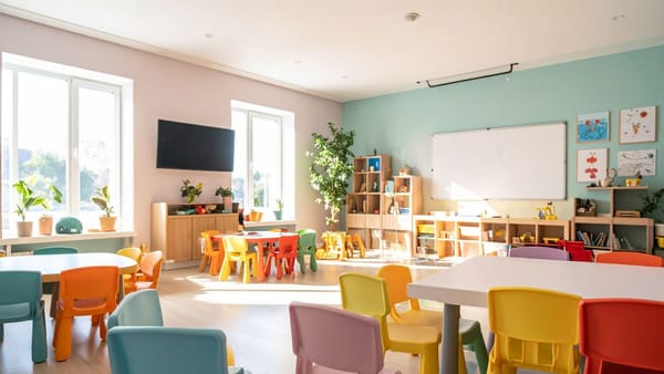 An empty daycare classroom with several tables surrounded by small colorful chairs, sunlight shining in, a whiteboard, shelves of toys and a television hanging on the wall.