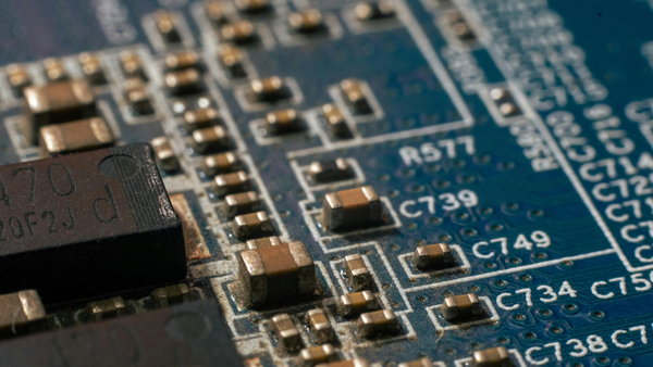 Closeup picture of a blue circuit board