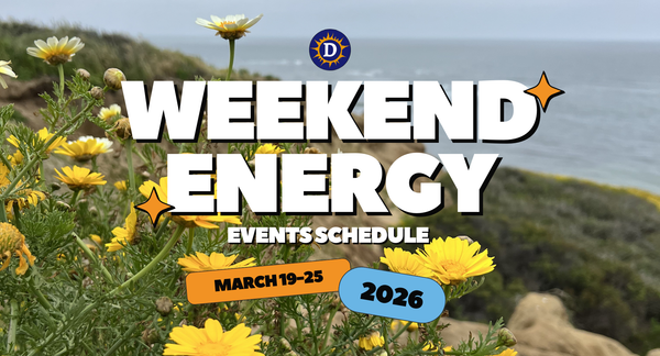Picture of a hillside with flowers growing on it overlooking the ocean with the words "Weekend Energy Events Schedule March 19-25 2026"